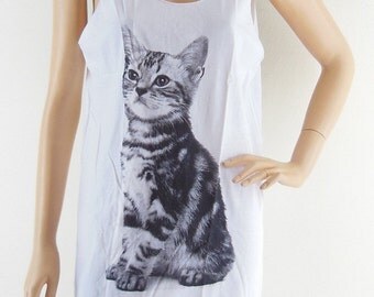 Kitten Cat Animal Style Cat Tank Top Women T-Shirt White Shirt Tunic Screen Print Size M