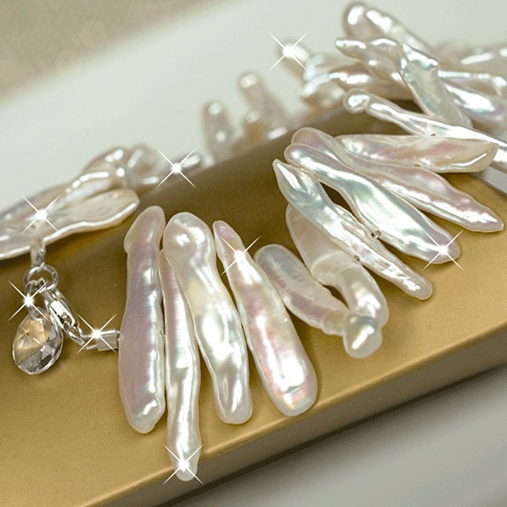 Sterling Silver Natural Biwa Pearl Wedding Bracelet, Bridal Freshwater White Pearl Bracelet, Bridesmaid Bracelet, Wedding Jewellery.