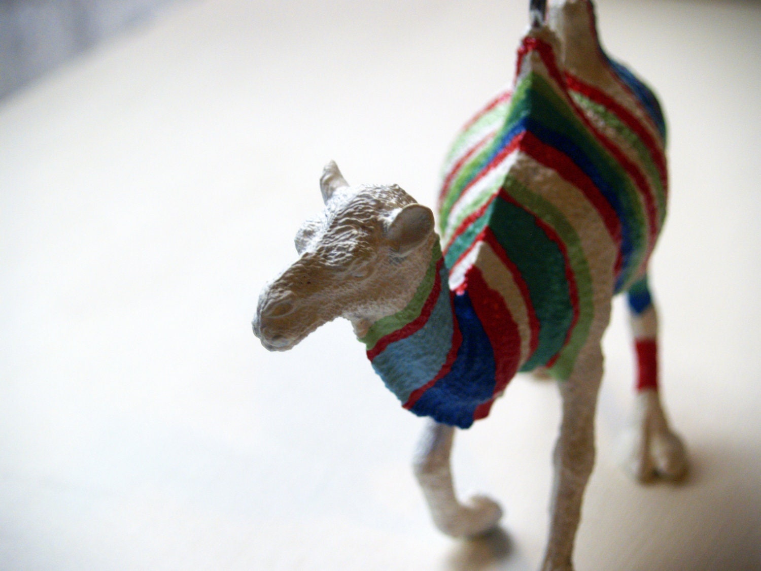 Unique  Animal Ornament, Green Red and White Striped Camel Figurine, Recycled Toy Decoration
