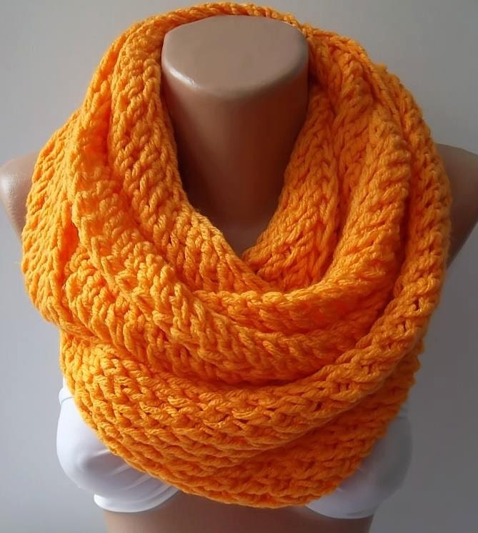 Hand knitted scarf...Neon Orange ..... Infinity Scarf Loop Scarf Circle Scarf ..