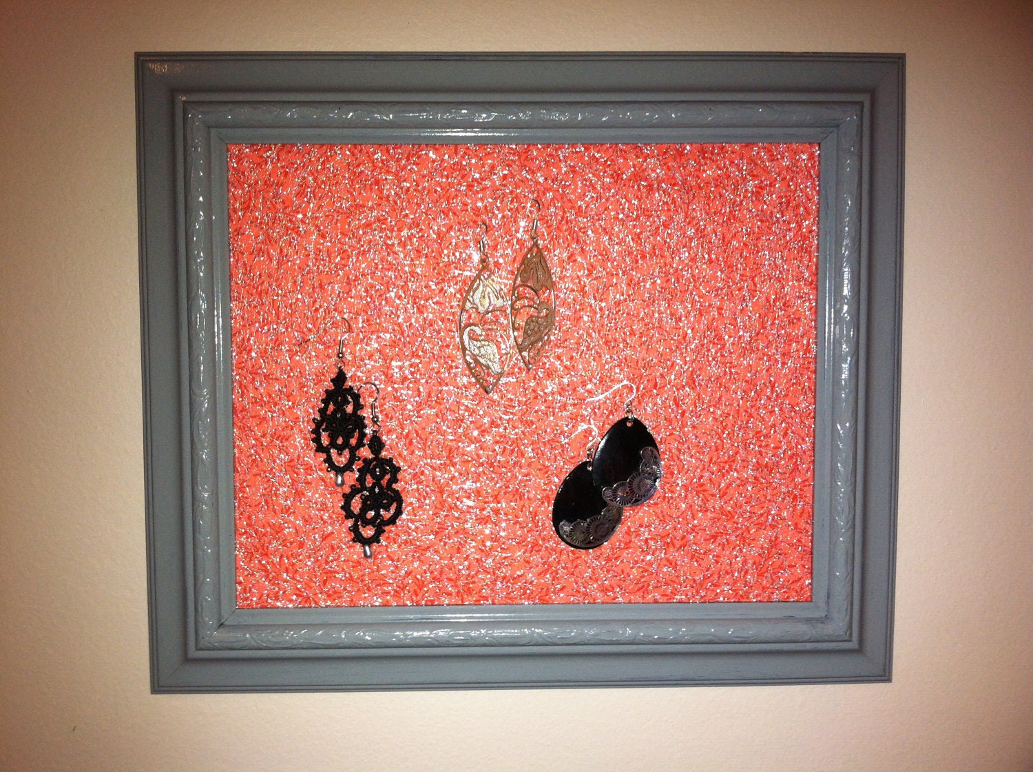 Grey Earring and Jewelry Holder Frame/Display with Lace Shabby Vintage Inspired Floral