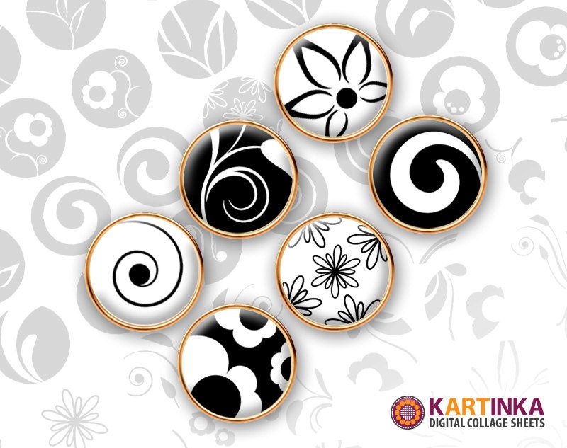 BLACK and WHITE FLORA - 15mm and 13mm circle - Digital Collage Sheet Printable Download for earrings cuff links pendants - Instant Download