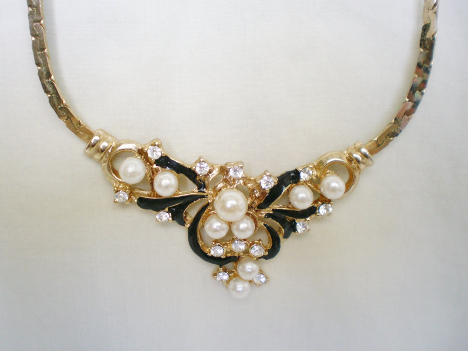 Vintage Faux Pearl Necklace - 1980s White Crystal Black Enamel Pendant Gold Tone