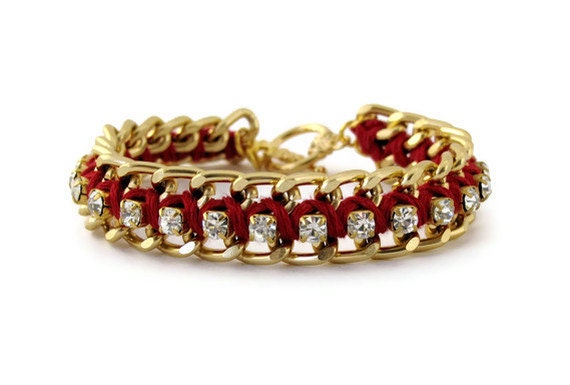 Chain & Rhinestone Bracelet - Dark Burgindy Red and Gold Woven