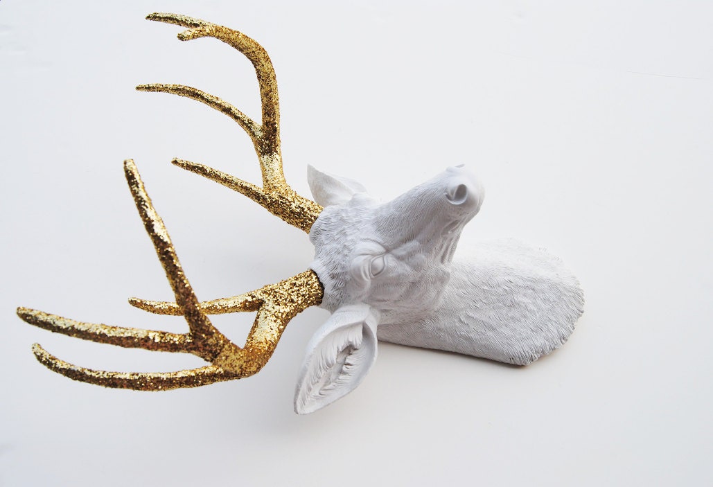 Gift Ideas for Him Her & Couples - White Faux Taxidermy - The Winston - White W/ Gold Glitter Antlers Resin Deer Head