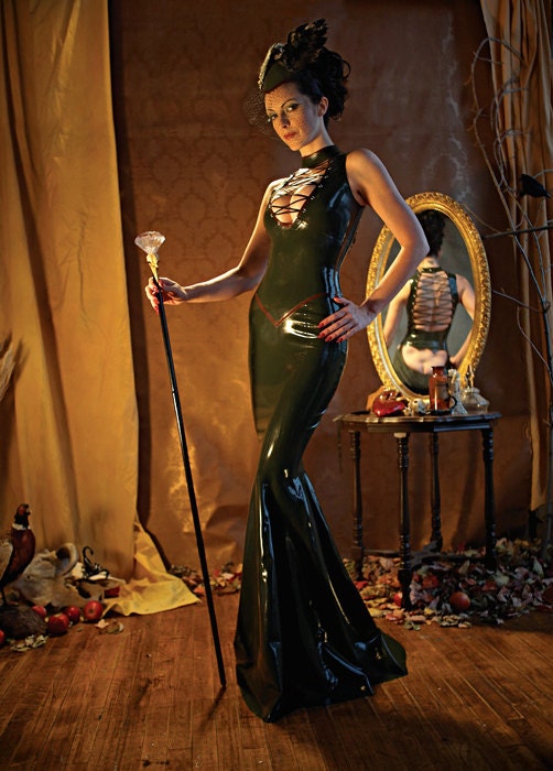 DERRIERE DRESS - Latex Rubber Long Gown Dress with Corset Lacing By VEX
