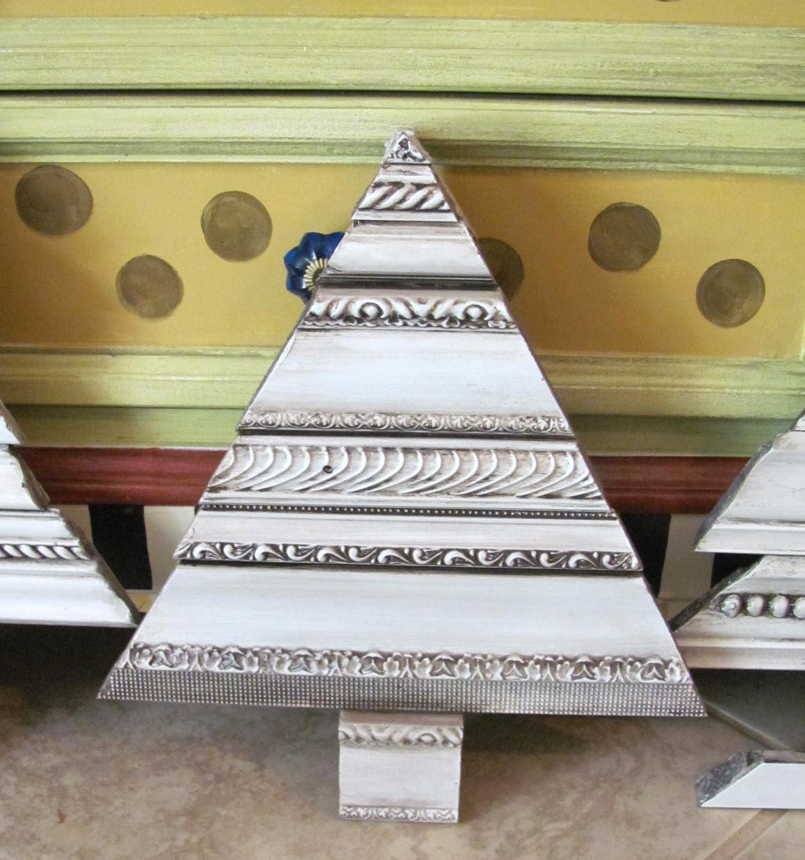 Free Shipping...Set of two Large Wooden Picture Frame Molding Christmas Tree Decorations Carved, White, Shabby Chic