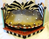 Functional Art One of a Kind hand painted round dog bed and painted cushion Animal Print, Zebra, Turquoise, Gold