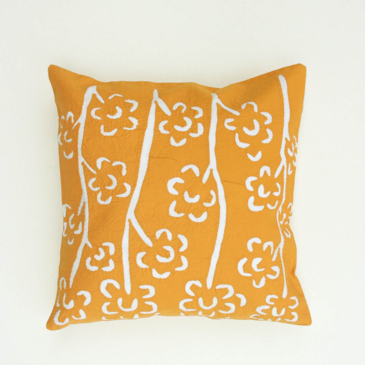 Organic Beautiful Handmade Applique / White and Mustard Yellow / Pillow or Cushion Cover - 16 x 16 -12