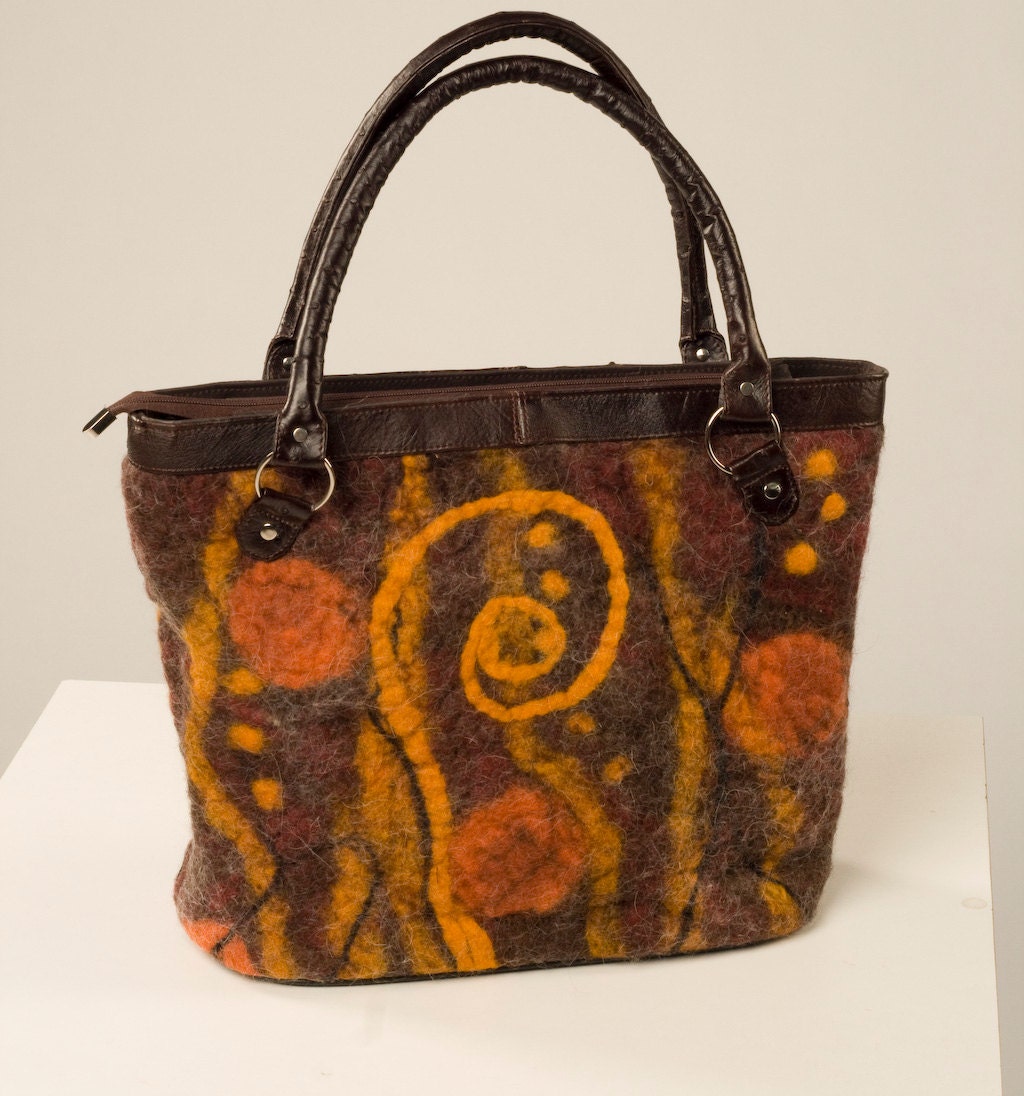 Felt Bag - Wool Hand Bags , Felted Wool Purse,Klimt, Wet Felted Bags Ostrich Leather Handbag Earth tone