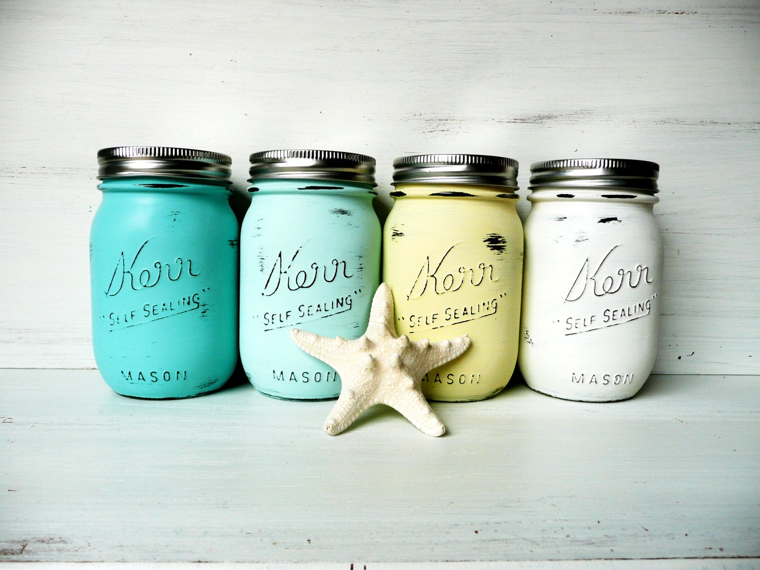 Starfish Seaside Pint - WEDDING and Home Decor - Painted and Distressed Mason Jars - Vase