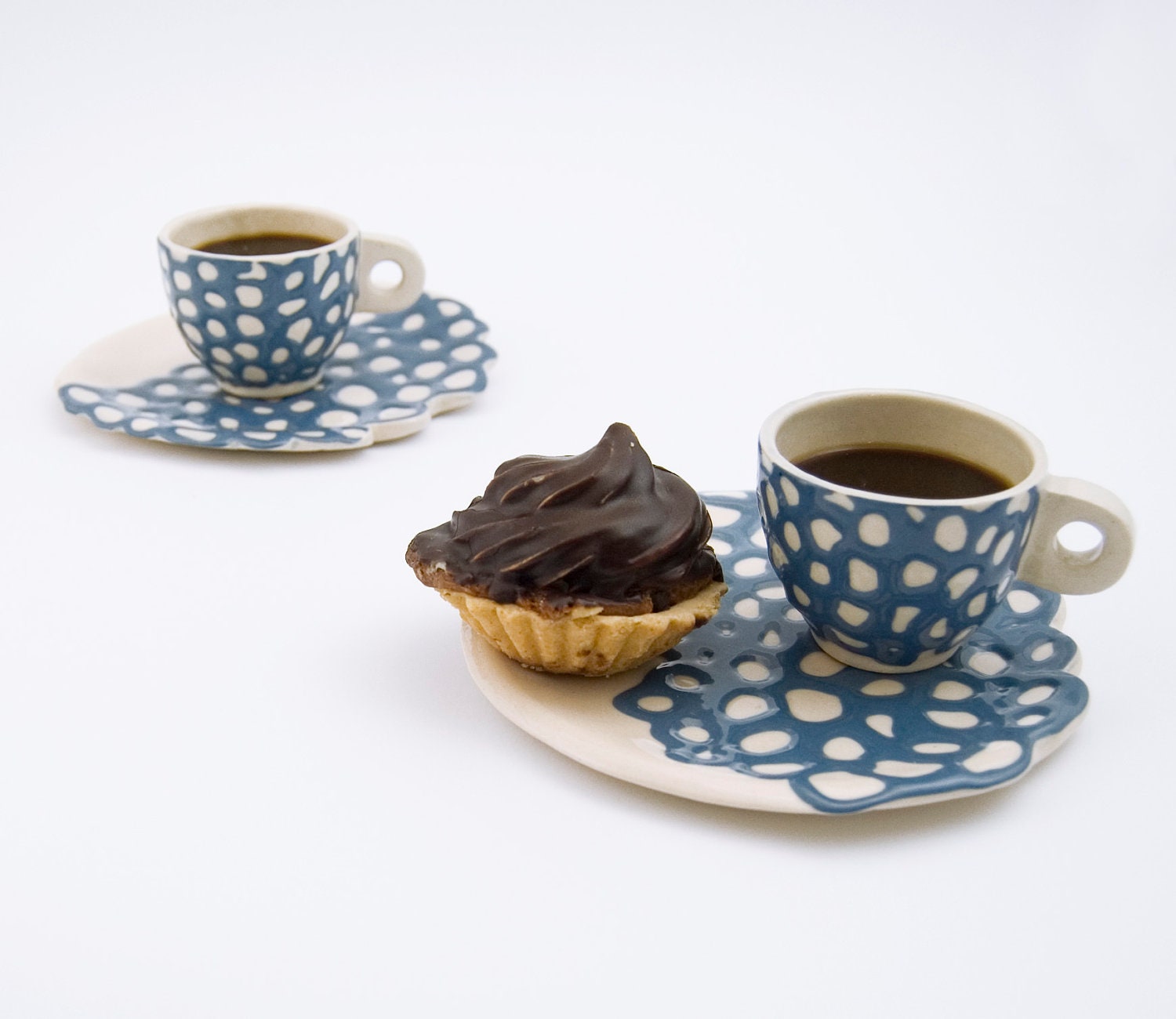 Ceramic stoneware cup saucer coffee tea espresso - unique handmade serving decorative textured kitchen pottery morning coffee - blue