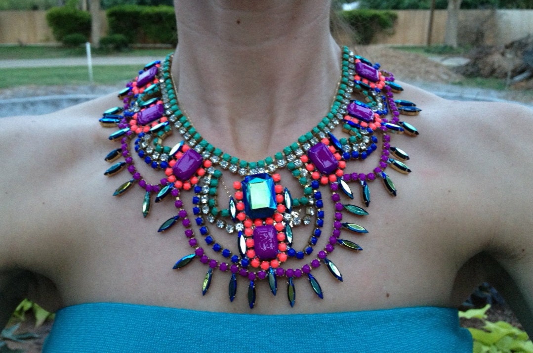 Custom Vintage Hand Painted Rhinestone Statement Necklace - Dannijo look