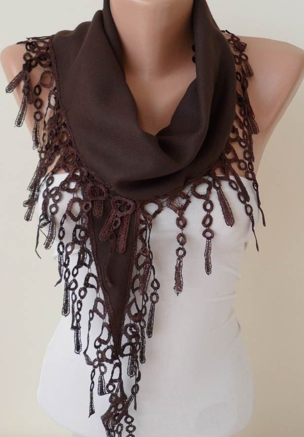 New - Valentine's Day Gift - Brown Pashmina Scarf with Brown Trim Edge