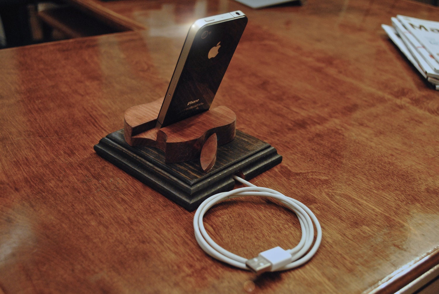 The "Rusty Apple mini Station" handmade custom wooden docking  stand for iPhone, iPod and iPad mini