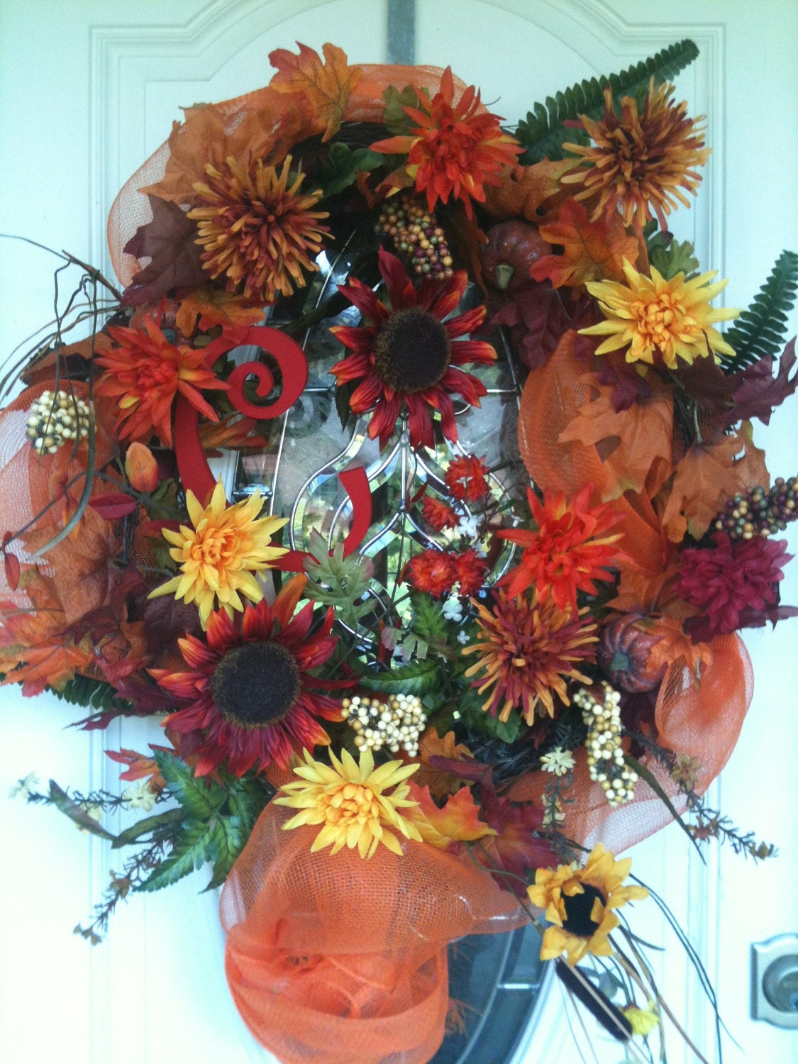 Fall  Wreath Front Door Deco Mesh Grapevine Home Decor with Initial