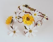 Floral Bridal Crown - Yellow Sunflowers & White Daisies - Bohemian Fall Wedding Head Piece - Rustic Vines and Flowers