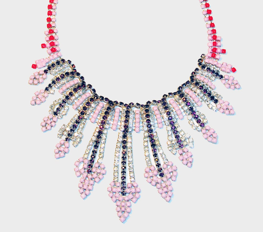 Majestic Hand Painted Vintage Pastel Coloured Rhinestone Necklace OOAK