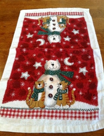 AdorableVintage Snowcat Snowman Christmas Hand Towel