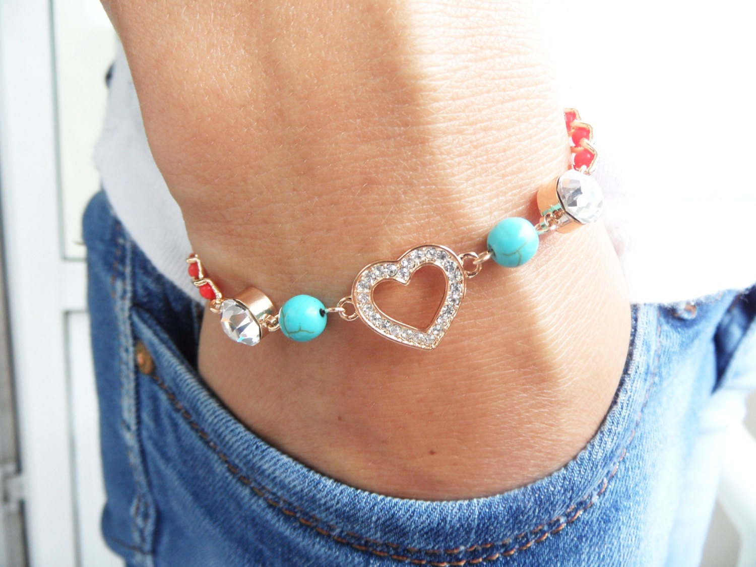 Heart charm bracelet with swarovski gold plated turquoise natural beads rhinestone charms red chain beads turkish arabic istanbul jewelry