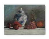 Original Oil Painting, still life, fruit, apples, traditional art, white, steel blue, grey, gray, grapes, blue and white pottery - WhiteBarnStudios