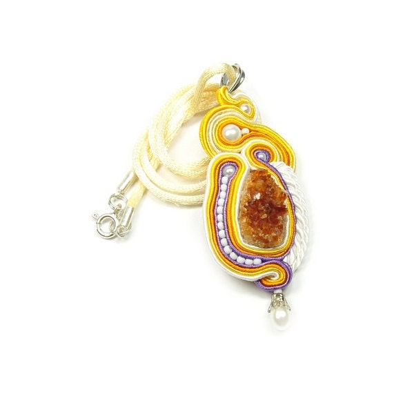 Soutache Necklace. Hand Embroidered Necklace. Yellow and Orange Necklace. Pendant. Raw Citrine Crystal Necklace. Lemon.Yellow. Raw Crystal.