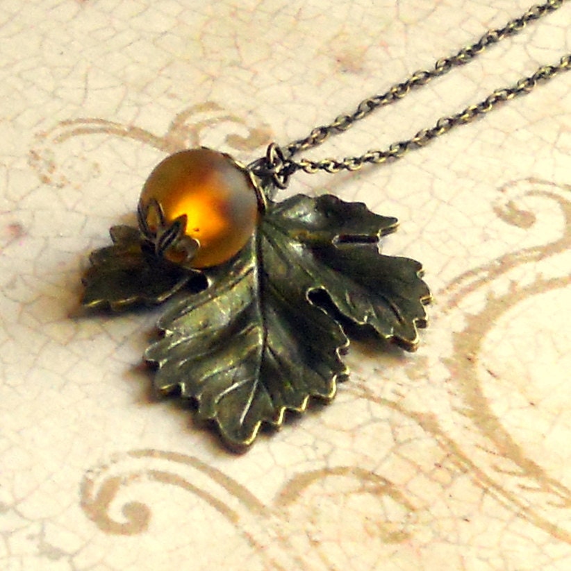 Rustic Leaf Necklace 3D Pendant Antique Bronze Amber Earth Tones Brown Autumn Neutral Lampwork Foil Bead Fashion Jewelry Jewellery Free Ship