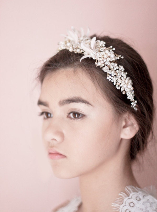 Bridal Flower Tiara - Gold Flowers Encrusted with Rhinestones and Freshwater Pearls / Gold