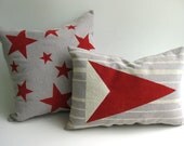 PAIR Down Feather Insert Included Hand-Painted Red Stars and Nautical Pennant Canvas Pillows FREE SHIPPING