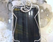 Reversible Blue Tiger Eye Pendant Solid Sterling Silver 930 Unisex Large Wire Wrapped in Argentium 930 Anti-tarnish wire