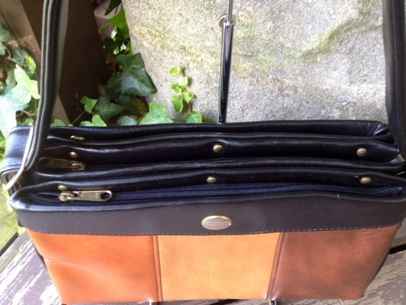 HOLIDAY SALE Vtg Vegan Camel Orange & Brown Faux Leather Shoulder Bag Handbag Purse Mod Retro Partridge Family