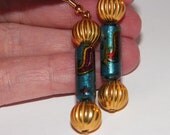 Blue w/ Pink Purple Paisley and Fluted Gold Dangle Earrings