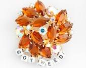 Amber and Clear Gem 1960s Vintage Pin with "Got Weed" Expression in Resin Letters