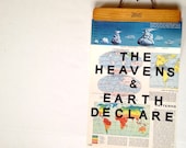 the heavens declare....vintage map atlas page with hand-stamped art one of a kind colorful WORLD SCIENCE