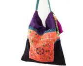 Ethnic Tote Bag, Native Tribal Embroidered, Hmong Asian Gypsy Boho Style , Black Purple