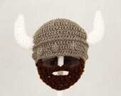 Vikings Beard Hat, Grey Crochet Beanie with Brown Beard, RTS Ready to Ship Size Large, ages 5 - adult