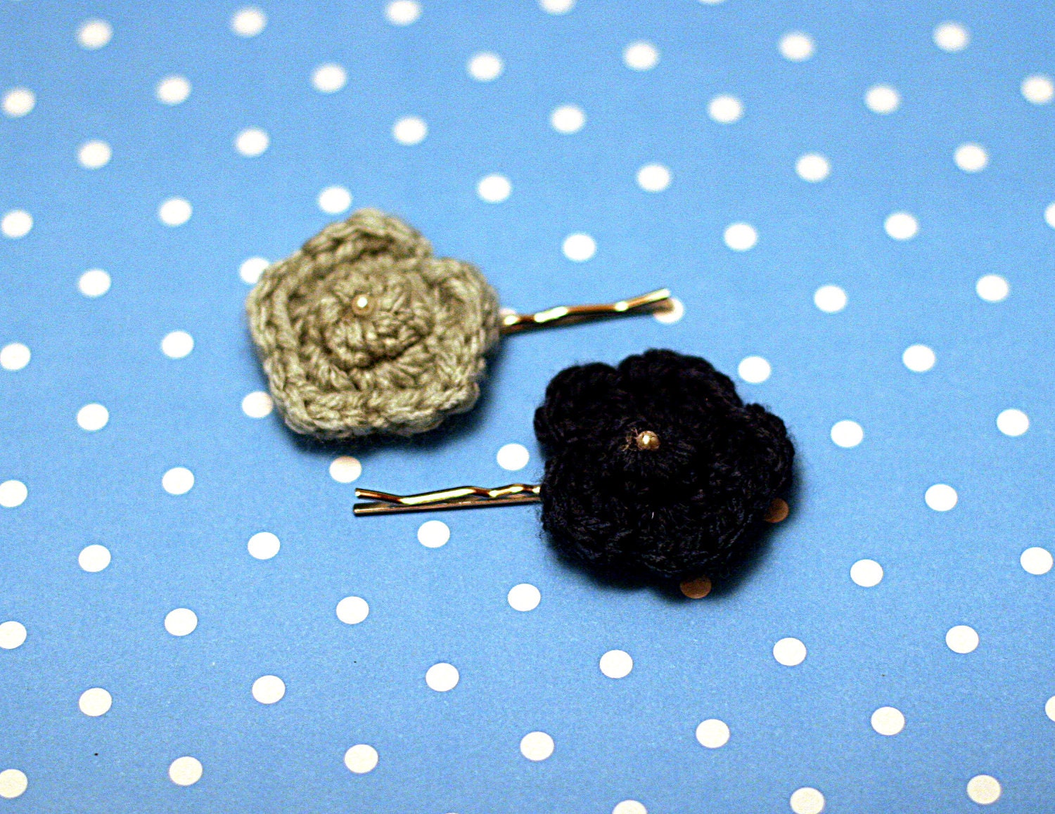 Two Crochet Flower Bobby Pins in Pale Blue and Navy