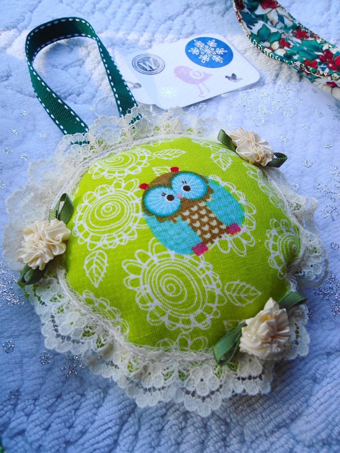 Hoot Owl Bird Lime Green Blue Red and White Flower Handmade Fabric Christmas Tree Holiday Ornament