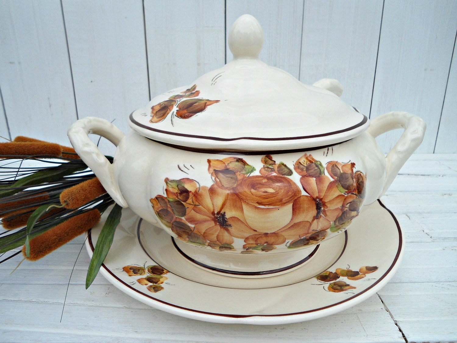 Vintage Tureen made in Brazil - full set tureen, plate, lid, ladle white and brown orange floral