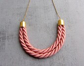 Pink Silk thread choker necklace, gold chain, fiber necklace, rope necklace, cord necklace. Bib necklace