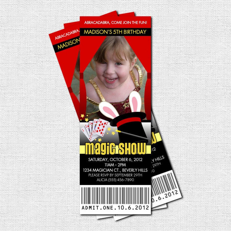 MAGIC SHOW TICKET Invitations - (print your own) Birthday Party Personalized Printable