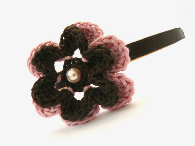 Crochet flower headband, brown, pink hair accessory, women, girls