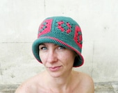 Woman's crochet hat, hot pink, green, granny squares cloche hat