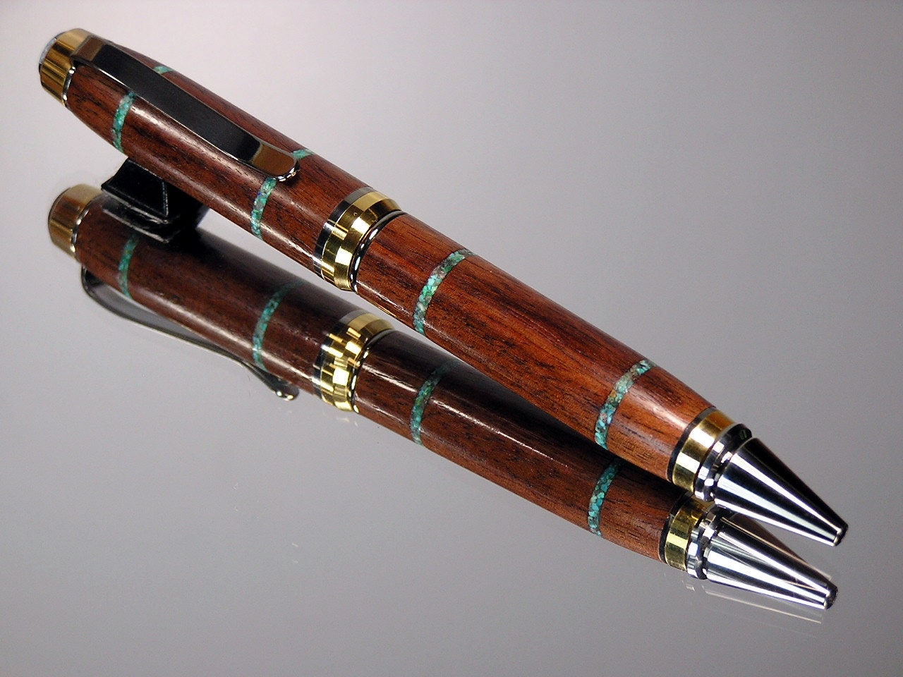 Unique Handmade Kentucky Black Walnut Turquoise Inlay Cigar Pen Black & Gold Titanium Hardware