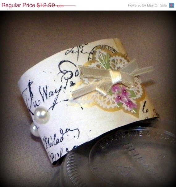 ON SALE Upcycled Recycled Retro Vintage Vinyl Record Perals And Roses Eco Friendly Cuff Bracelet
