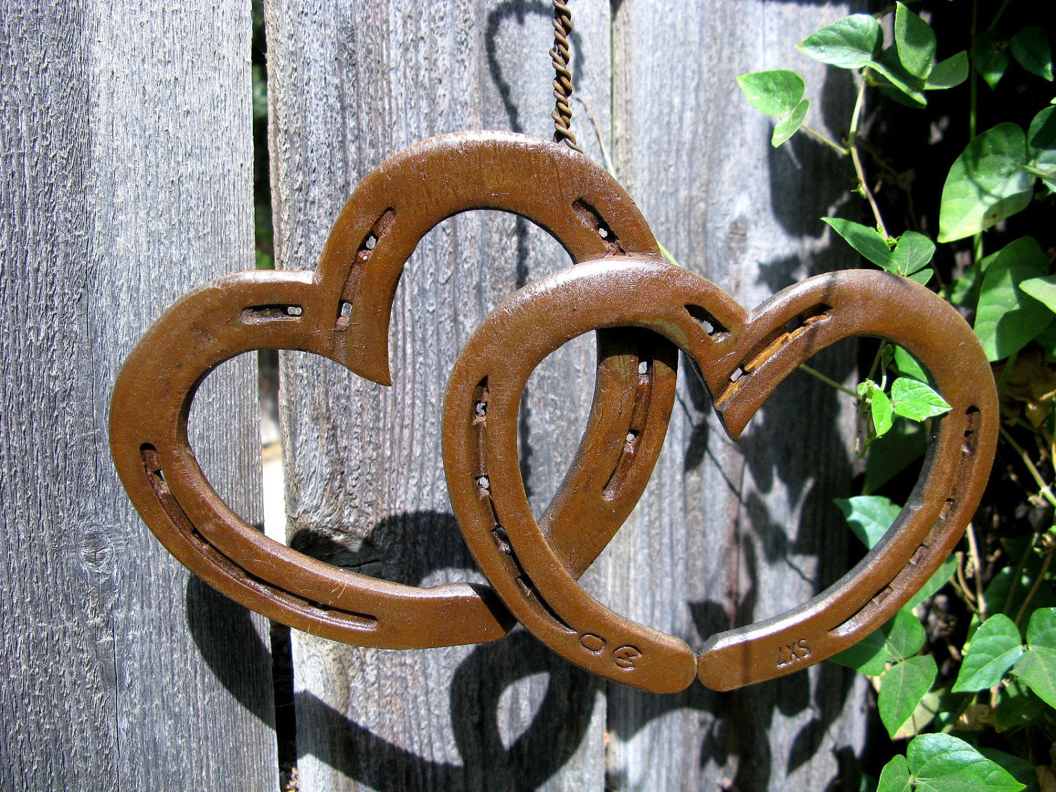 Two Hearts as One Welded Hanging Horseshoe Hearts- Rust Finish