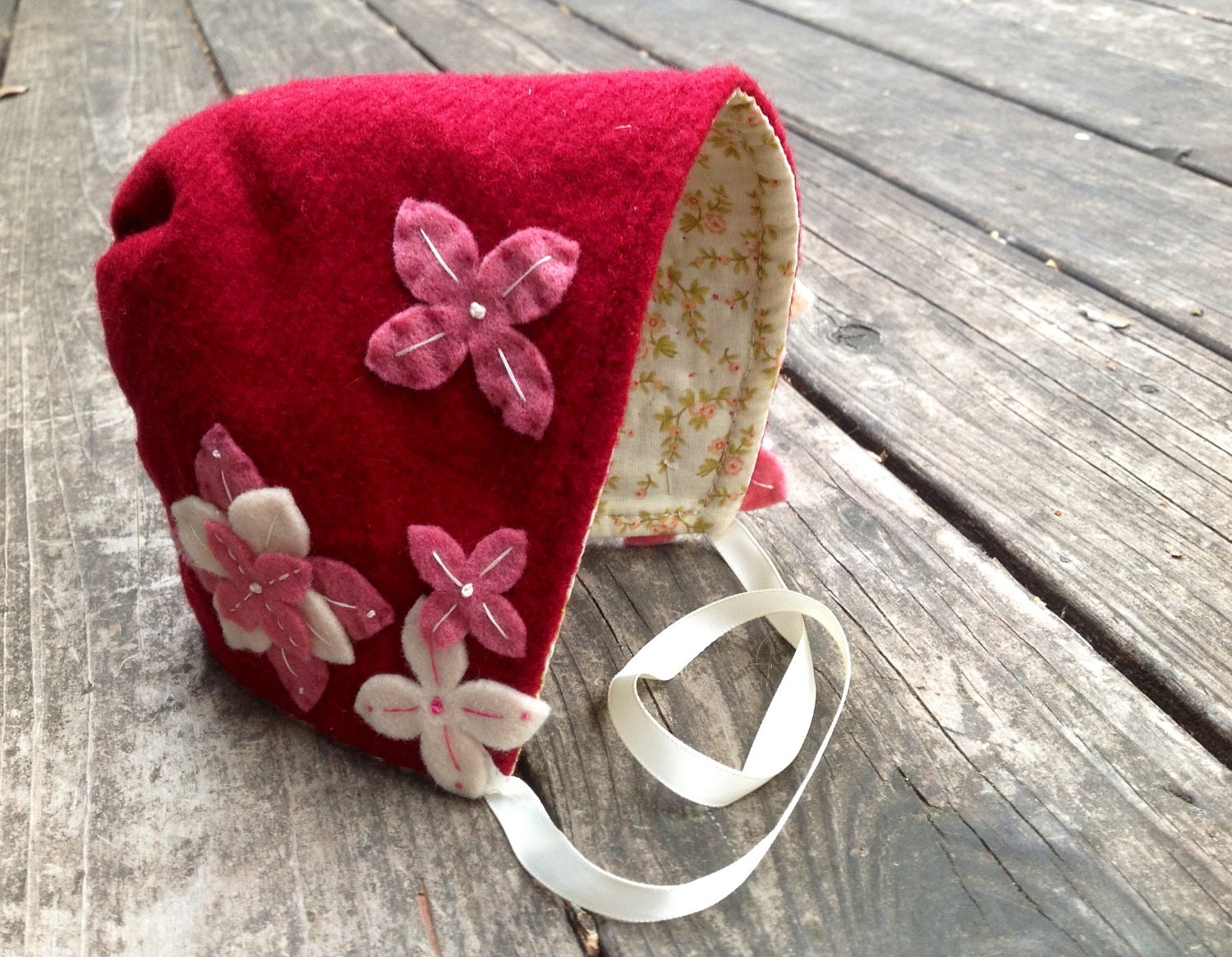 Flower Hand Appliquéd Baby Bonnet Dark Red Wool Hat