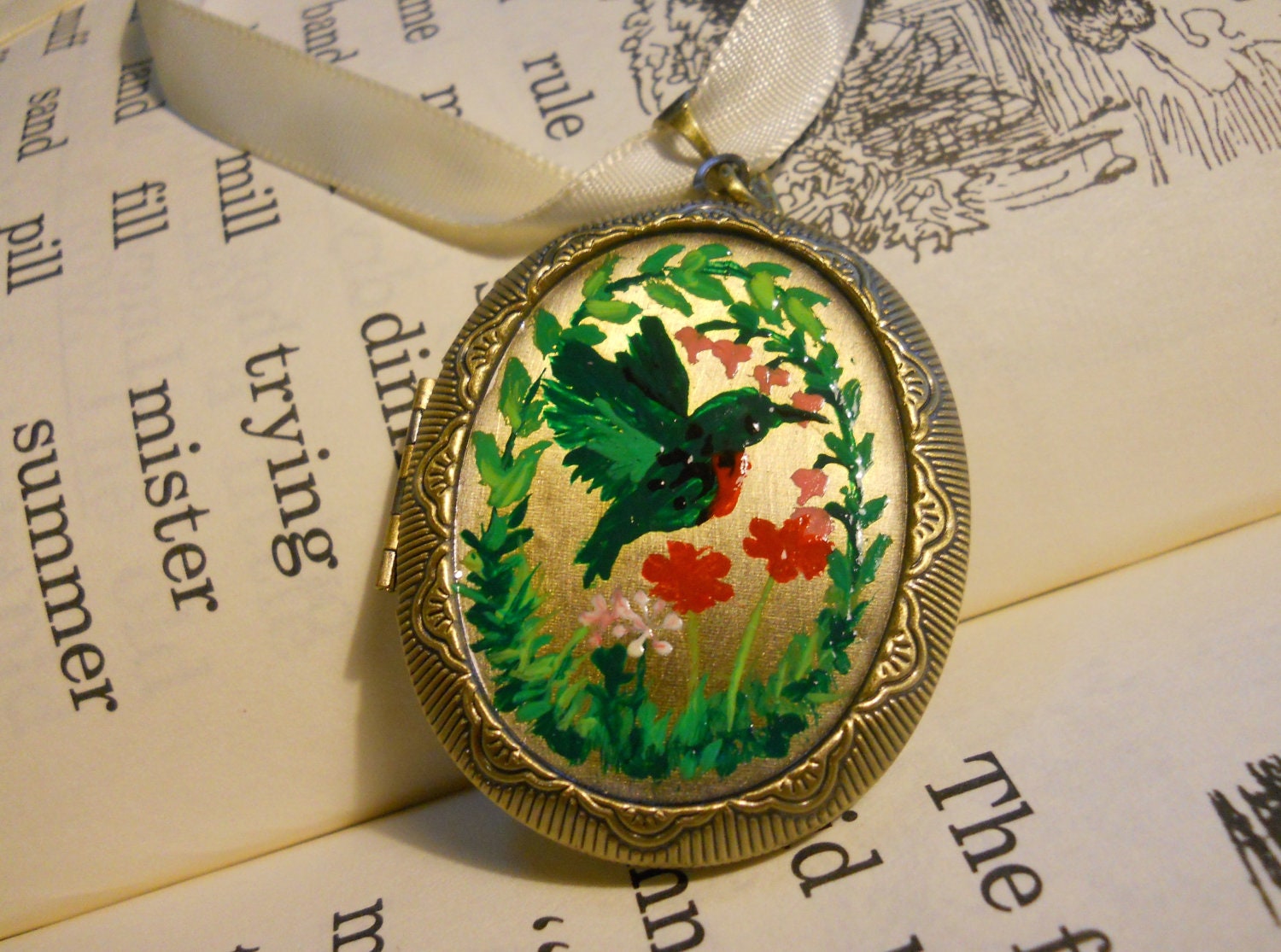 Hummingbird Locket Necklace Hand Painted OOAK Antique Gold