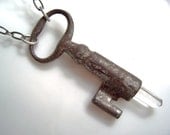 Quartz Crystal Antique Speckled Skeleton Key Necklace