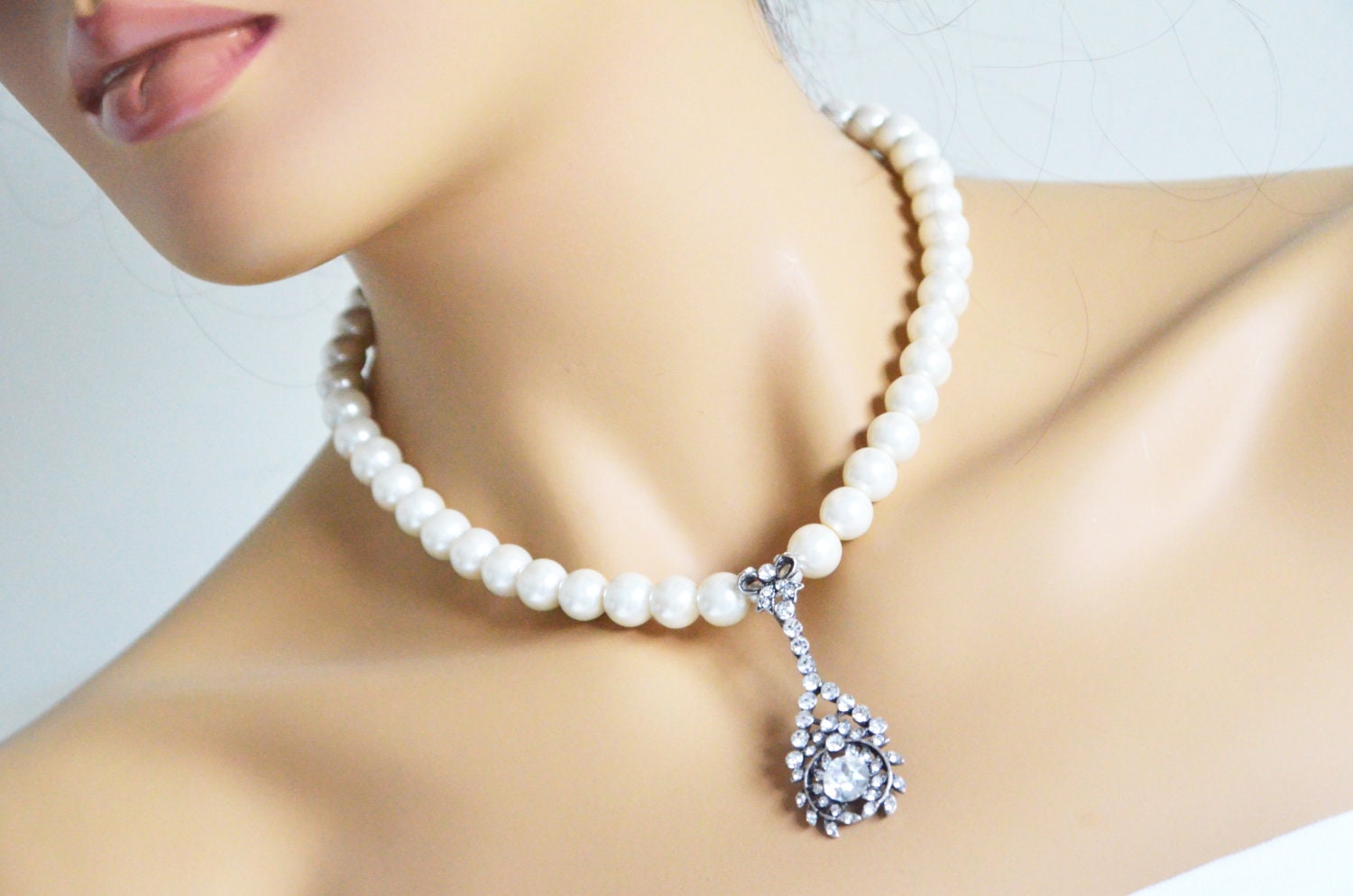 art deco clear crystal swarovski rhinestone tibetan silver plated ivory glass pearl necklace wedding bridal jewelry bridesmaids jewelry gift